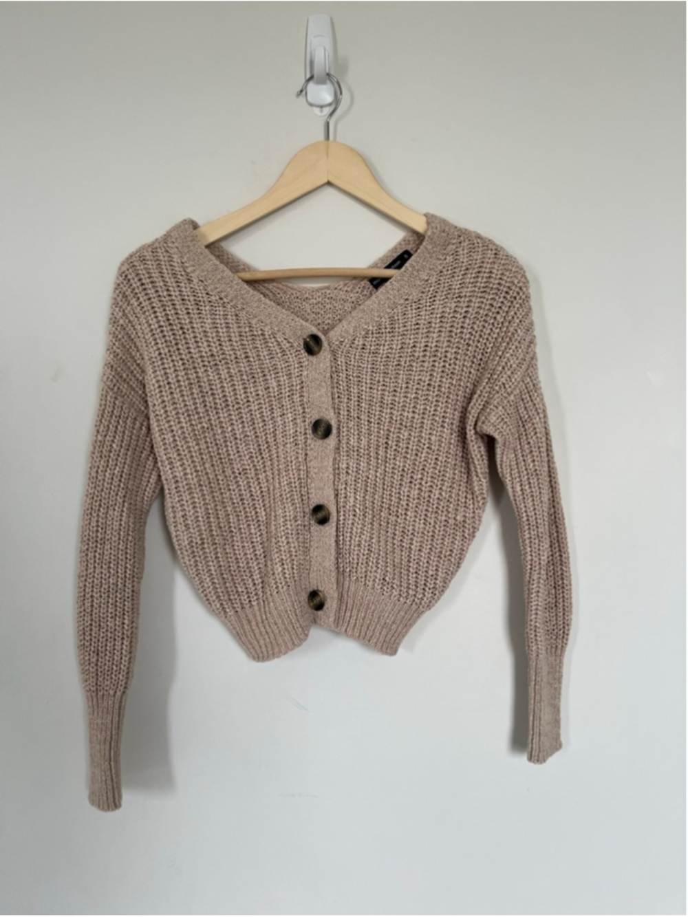 Beige Knit Cardigan Sweater Moon & Madison Preppy Neutral Cropped Slouchy